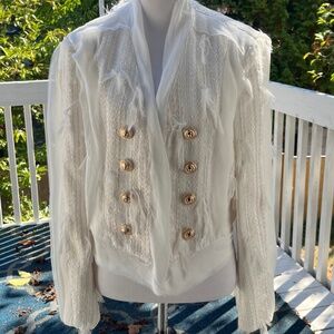 Balmain Blazer Jacket Tweed White Size 38 USM Fringe Tattered Gold Buttons